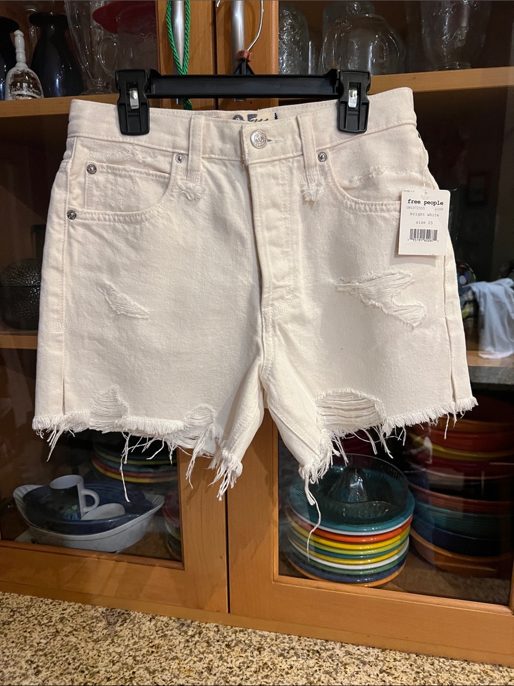 Free People Cream Distressed Denim Cutoff Shorts